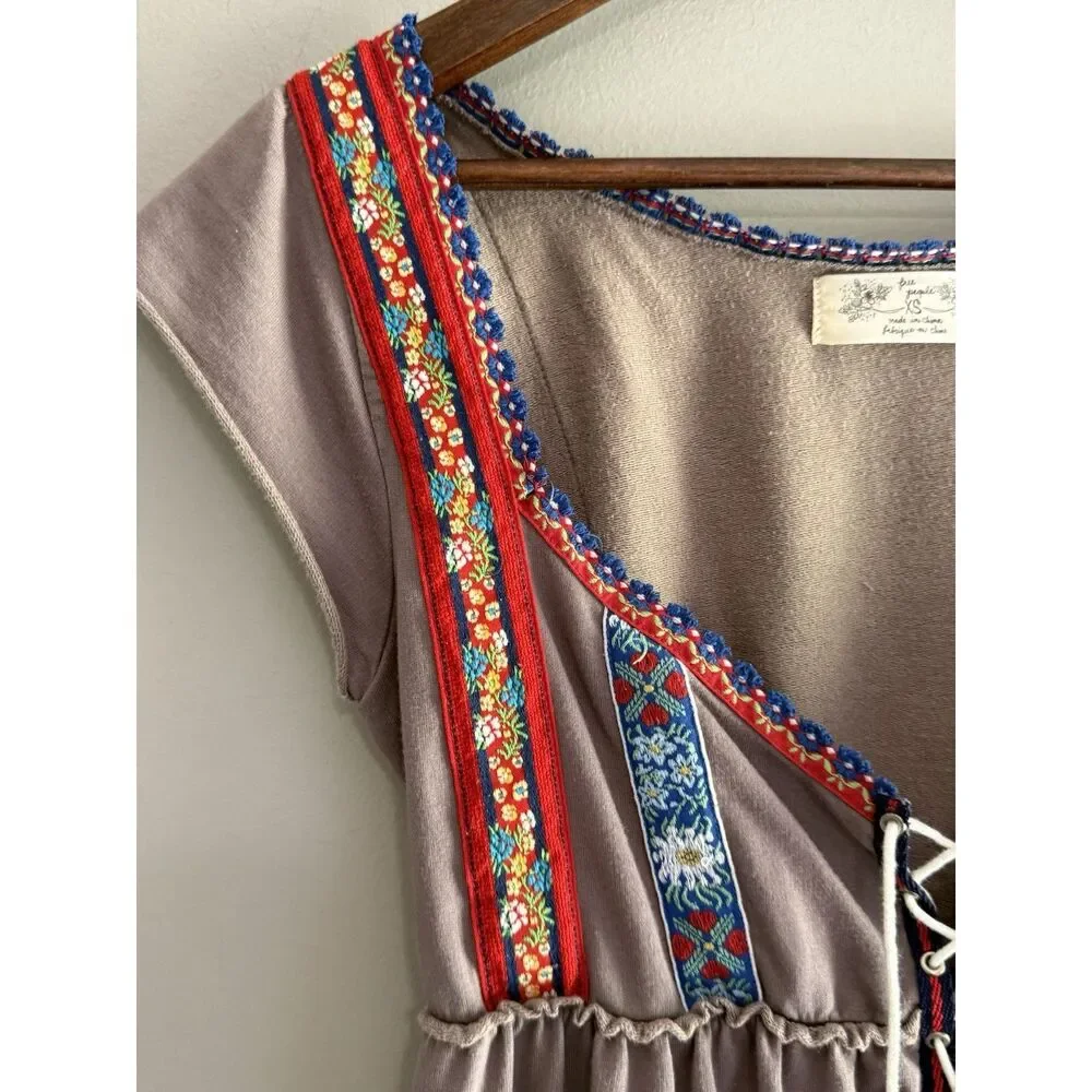 Free People Boho Babydoll Embroidered Tunic Dress Festival Hippie Tiered Folk XS